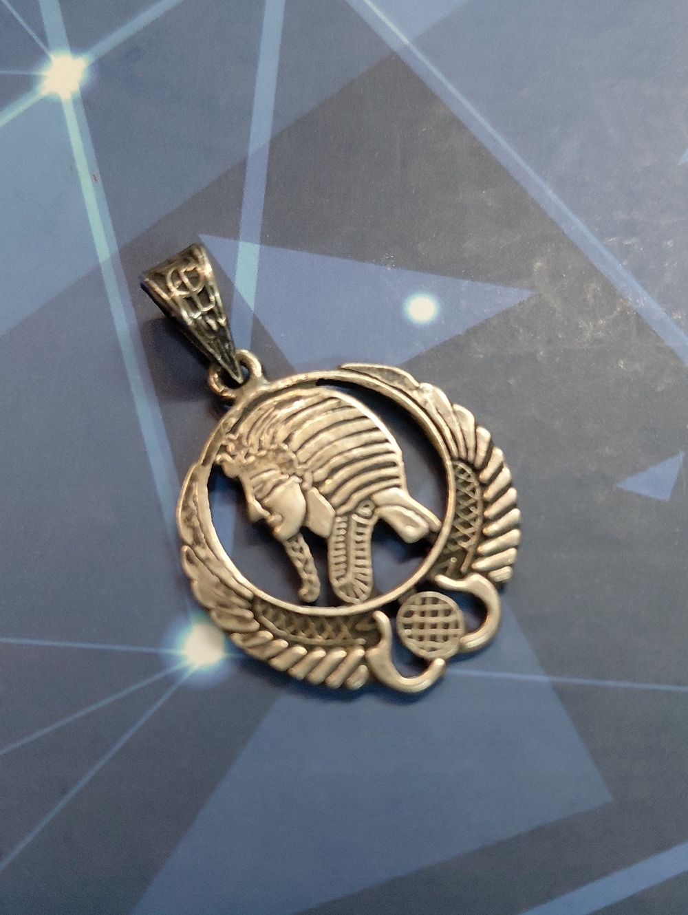 Sterling Silver King Tut Egyptian Pharaoh Winged Pendant Necklace